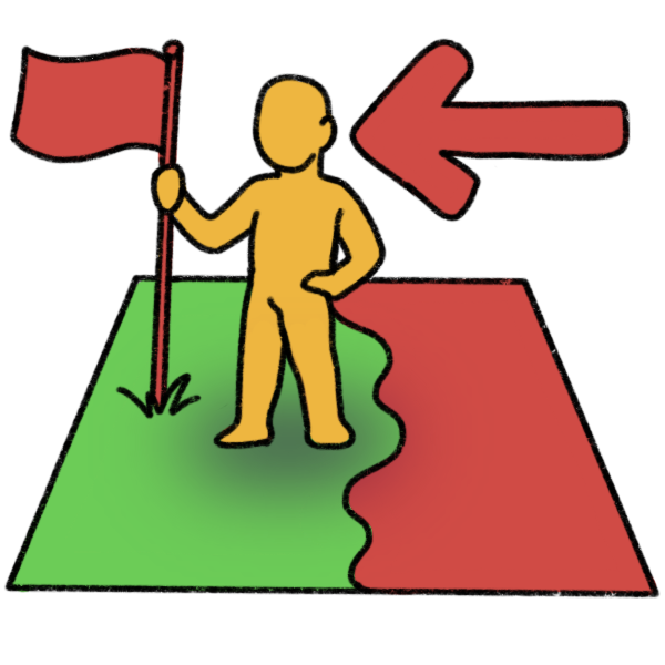 an emoji yellow person standing on ground that’s split into red and green. They stand on the green side, and have planted a red flag into the ground. A red arrow points to them.